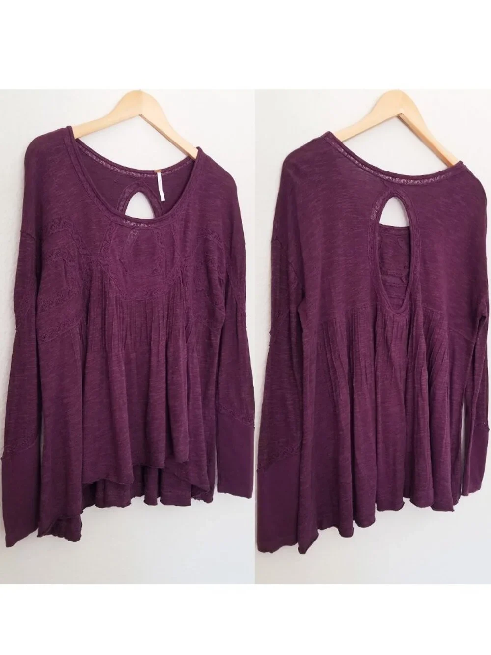 Free People New Hope Babydoll Long Sleeves Top S Eggplant Cutout Peasant Boho
